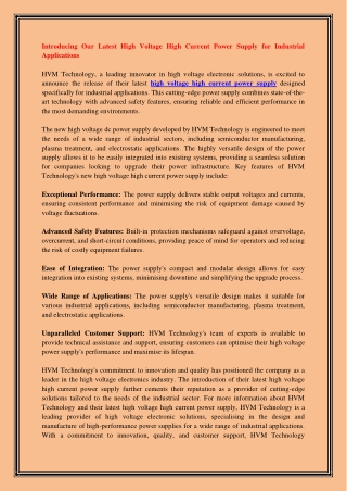 Introducing Our Latest High Voltage High Current Power Supply for Industrial App