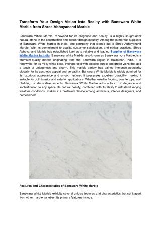 Transform Your Design Vision into Reality with Banswara White Marble from Shree