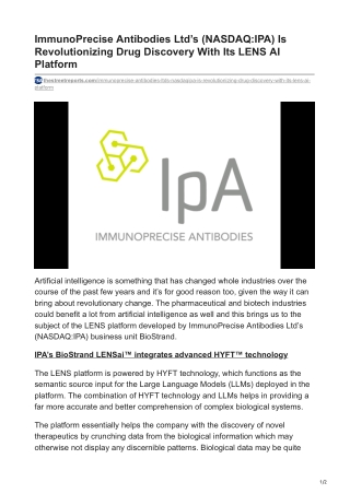 ImmunoPrecise Antibodies Ltd’s (NASDAQ-IPA) Is Revolutionizing Drug Discovery With Its LENS AI Platform