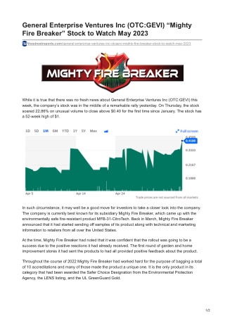 General Enterprise Ventures Inc (OTC-GEVI) “Mighty Fire Breaker” Stock to Watch May 2023