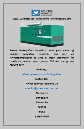 Diesel Generator Rent In Bangalore  Powersparrow