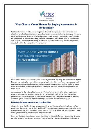 Why Choose Vertex Homes for Buying Apartments in Hyderabad?