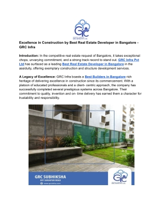 Excellence in Construction by Stylish Real Estate inventor in Bangalore - GRC Infra