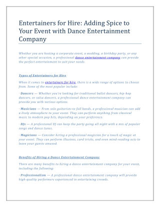 Entertainers for Hire Adding Spice to Your Event with Dance Entertainment Company