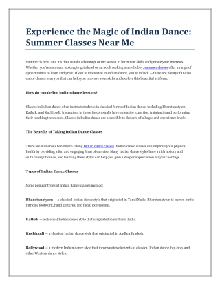 Experience the Magic of Indian Dance Summer Classes Near Me