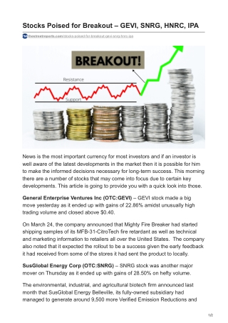 Stocks Poised for Breakout – GEVI, SNRG, HNRC, IPA