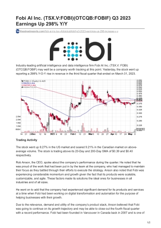 Fobi AI Inc. (TSX.V-FOBI)(OTCQB-FOBIF) Q3 2023 Earnings Up 298% YtoY