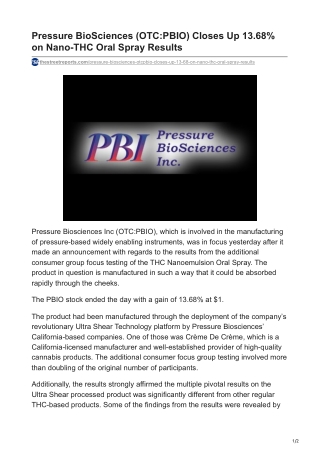 Pressure BioSciences (OTC-PBIO) Closes Up 13.68% on Nano-THC Oral Spray Results