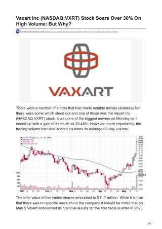 Vaxart Inc (NASDAQ-VXRT) Stock Soars Over 30% On High Volume- But Why