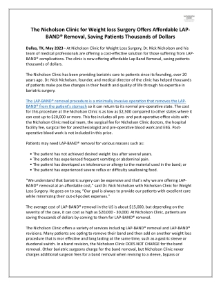 The Nicholson Clinic for Weight loss Surgery Offers Affordable LAP-BAND® Removal, Saving Patients Thousands of Dollars