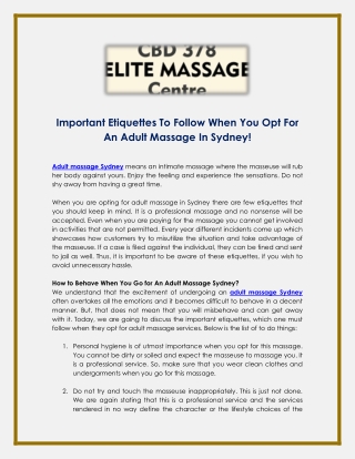 Important Etiquettes To Follow When You Opt For An Adult Massage In Sydney