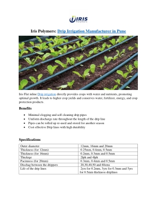 Iris Polymers Drip Irrigation Manufacturer in Pune