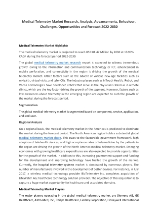 Medical Telemetry Market Research, Trends, Key Players, Growth and Analysis