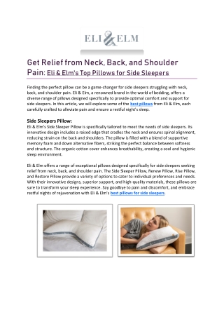 Eli & Elm's Premium Pillows for Side Sleepers to Alleviate Neck, Back Pain