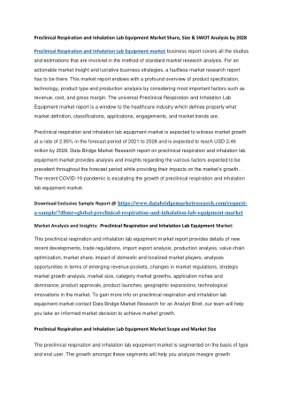 Preclinical Respiration and Inhalation Lab Equipment Market Share, Size & SWOT Analysis by 2028