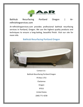Bathtub Resurfacing Portland Oregon  Ar-refinishingservices