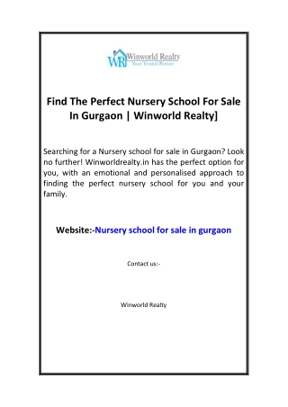 Find The Perfect Nursery School For Sale In Gurgaon Winworld Realty