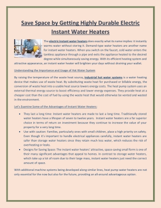 Save Space by Getting Highly Durable Electric Instant Water Heaters