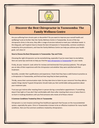 Discover the Best Chiropractor in Toowoomba: The Family Wellness Centre