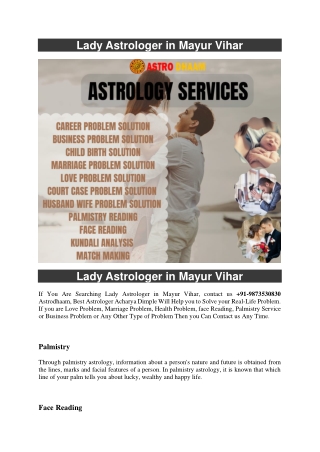 Lady Astrologer in Mayur Vihar  91-9873530830