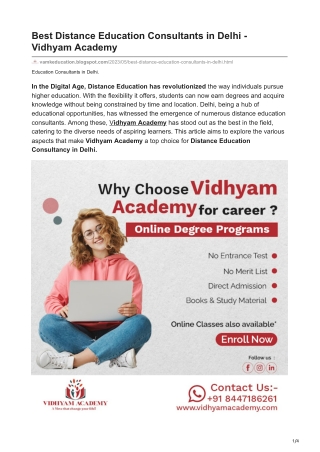 Best Distance Education Consultants in Delhi - Vidhyam Academy