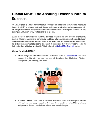 Global MBA: The Aspiring Leader’s Path to Success
