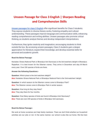 Unseen Passage for Class 3 English _ Sharpen Reading and Comprehension Skills