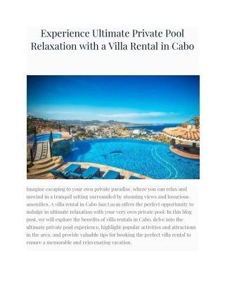 Experience Ultimate Private Pool Relaxation with a Villa Rental in Cabo