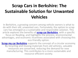 Scrap Cars in Berkshire The Sustainable Solution for Unwanted Vehicles