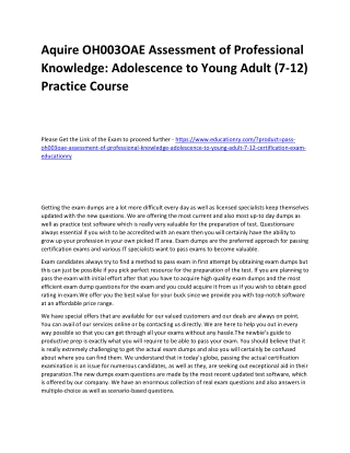 OH003OAE Assessment of Professional Knowledge: Adolescence to Young Adult (7-12)