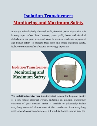Isolation Transformer: Monitoring and Maximum Safety