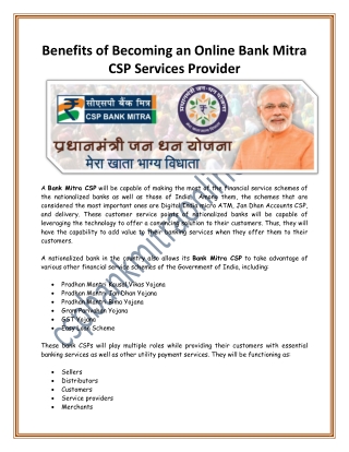 Benefits of Becoming an Online Bank Mitra CSP Services Provider