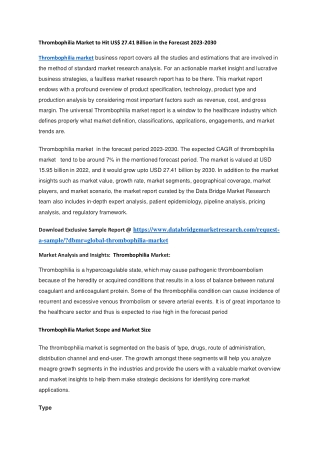 Thrombophilia Market to Hit US 27.41 Billion in the Forecast 2023-2030