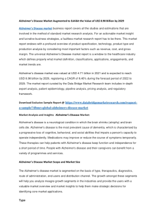 Alzheimer’s Disease Market Augmented to Exhibit the Value of US 8.98 Billion by 2029