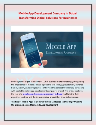 Mobile App Development Company in Dubai- Transforming Digital Solutions for Businesses