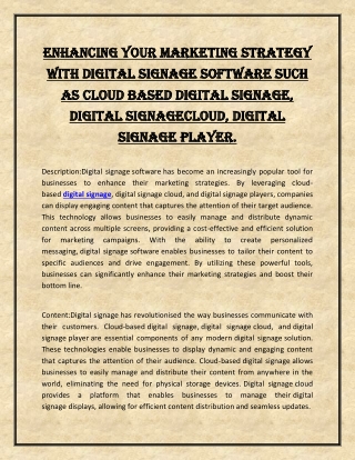 Enhancing Your Marketing Strategy with Digital Signage Software such as Cloud Based Digital Signage, Digital SignageClou