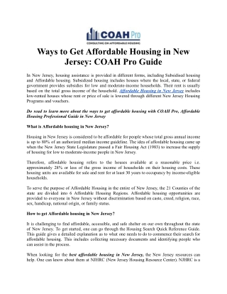 Ways to Get Affordable Housing in New Jersey: COAH Pro Guide