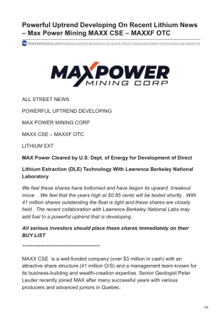 Powerful Uptrend Developing On Recent Lithium News – Max Power Mining MAXX CSE – MAXXF OTC