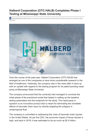 Halberd Corporation (OTC-HALB) Completes Phase I Testing at Mississippi State University