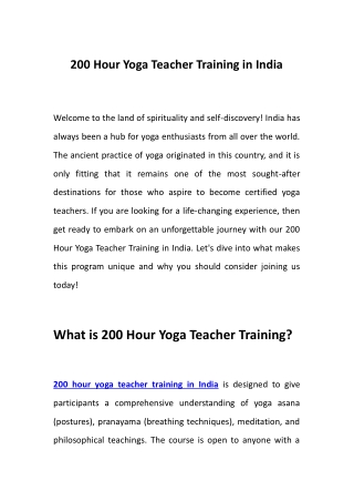 200 Hour Yoga Teacher Training in India