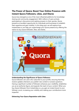 The Power of Quora Boost Your Online Presence with Instant Quora Followers, Likes, and Shares