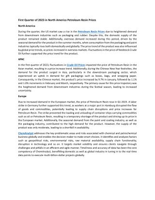 Petroleum Resin Prices Trend and Forecast