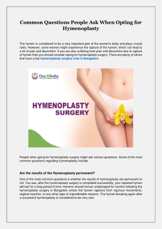 Common Questions People Ask When Opting for Hymenoplasty