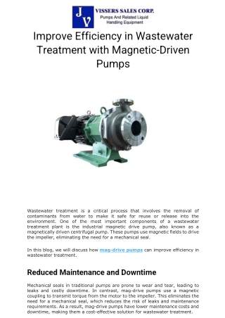 Improve Efficiency in Wastewater Treatment with Magnetic-Driven Pumps