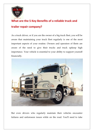 What are the 5 Key Benefits of a reliable truck and trailer repair company