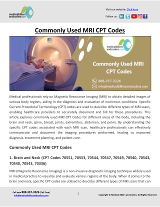 Commonly Used MRI CPT Codes