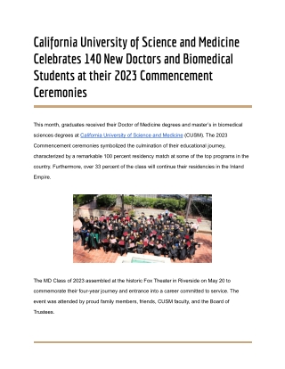 California University of Science and Medicine Celebrates 140 New Doctors and Biomedical Students at their 2023 Commencem