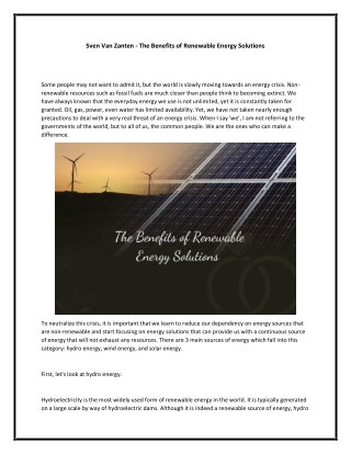 Sven Van Zanten - The Benefits of Renewable Energy Solutions