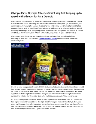 Olympic Paris Olympic Athletics Sprint king Bolt keeping up to speed with athletics for Paris Olympic