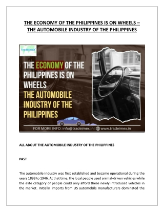 THE ECONOMY OF THE PHILIPPINES IS ON WHEELS – THE AUTOMOBILE INDUSTRY OF THE PHI